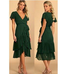 Lulus Have Harmony Dark Green Swiss Dot Ruffled Faux Wrap Midi Dress XS New NWT